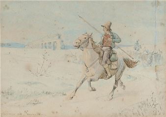 Men on horseback and oxen in the Roman Campagna - Johan Thomas Lundbye