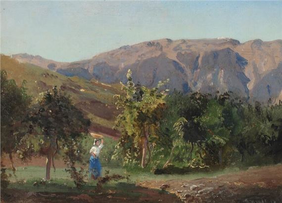 Mountain landscape from Gerano with a woman carrying a basket, Italy by Frederik Carl Julius Kraft, 1853