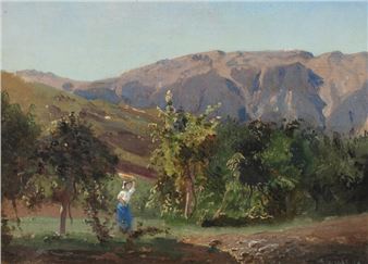 Mountain landscape from Gerano with a woman carrying a basket, Italy - Frederik Carl Julius Kraft