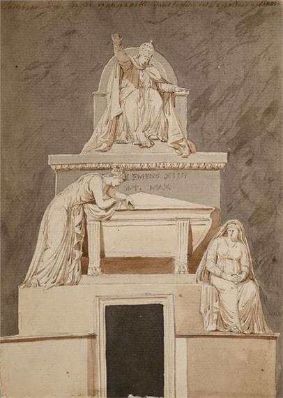 The tomb of Pope Clement XIV in the Basilica of the Holy Apostles in Rome, a centaur, a horseman annotated after the Dominiquin Three drawings by Pierre-François-Léonard Fontaine