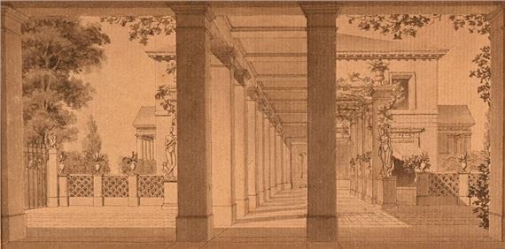 View of the covered gallery and gardens at Malmaison by Pierre-François-Léonard Fontaine