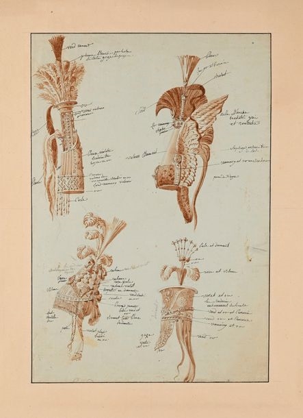 Artwork by Charles Percier, Four designs for ceremonial military headgear, Made of Pen And Brown Ink, Brown Wash, Over Black Stone Lines, On Blue Paper