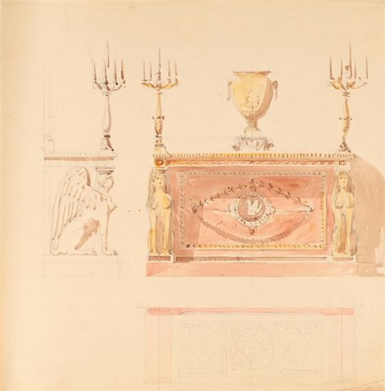 Project for a sideboard with sphinxes, vase and candelabras