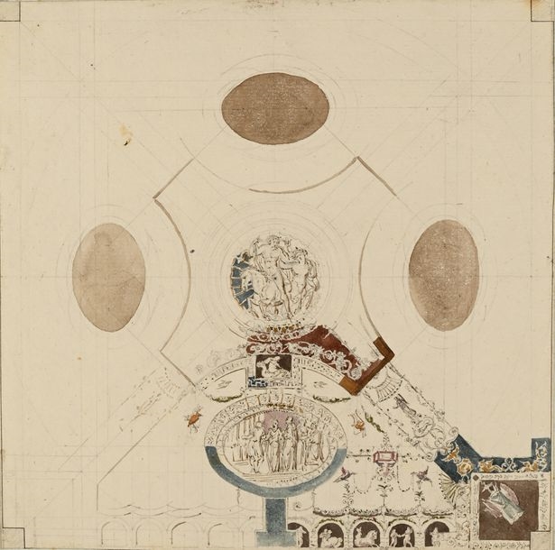 Artwork by Charles Percier, Project for an antique-themed ceiling, Made of Pen And Brown Ink, Brown Wash And Watercolor Over Black Stone Lines