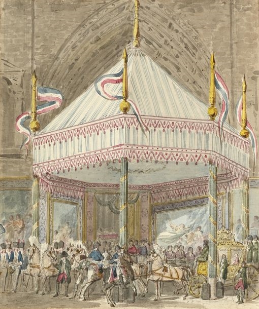 Artwork by Pierre-François-Léonard Fontaine, View of the large tent-like vestibule erected as an entrance to Notre-Dame Cathedral, Made of Pen And Black, Gray And Brown Ink, Watercolor
