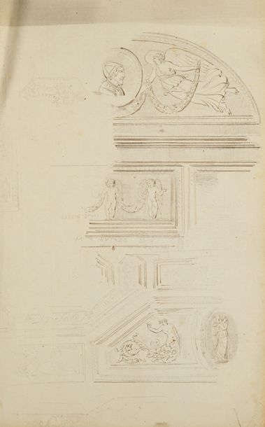 Artwork by Charles Percier, Four ceiling designs for the apartment of Pius VII and various decorations, Made of Pen And Brown Ink Over Black Stone Lines