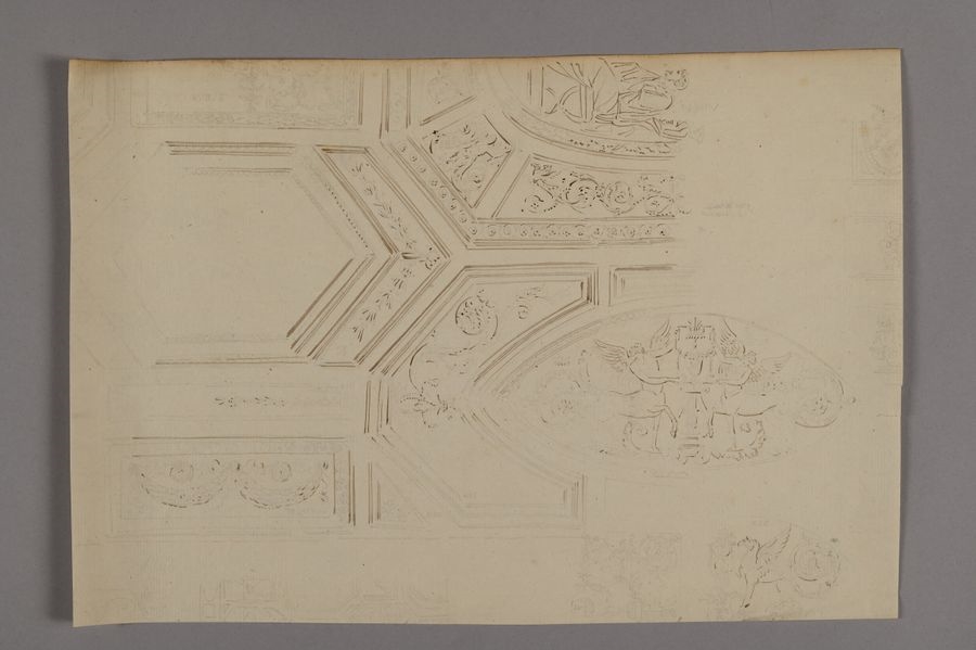 Artwork by Charles Percier, Four ceiling designs for the apartment of Pius VII and various decorations, Made of Pen And Brown Ink Over Black Stone Lines