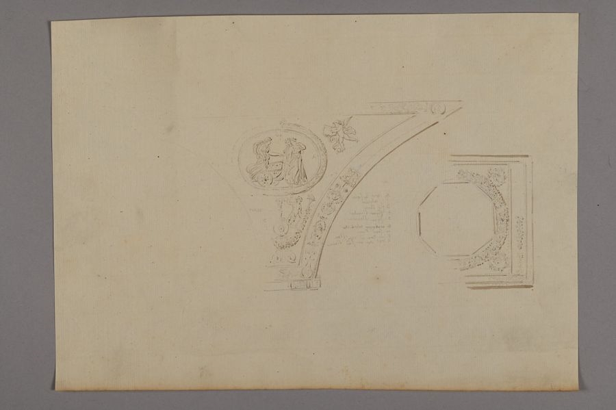 Artwork by Charles Percier, Four ceiling designs for the apartment of Pius VII and various decorations, Made of Pen And Brown Ink Over Black Stone Lines
