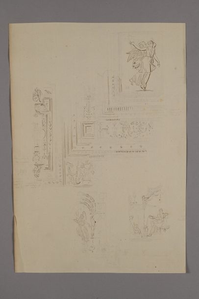 Artwork by Charles Percier, Four ceiling designs for the apartment of Pius VII and various decorations, Made of Pen And Brown Ink Over Black Stone Lines