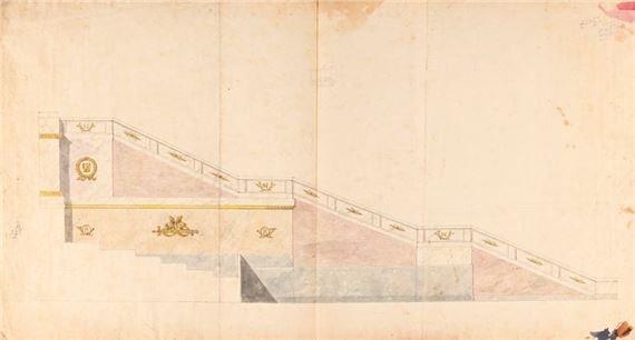 Project for a staircase bearing Napoleon's cipher for the grandstand erected at the Champ de Mars for the Distribution of the Eagles by Pierre-François-Léonard Fontaine, 1807