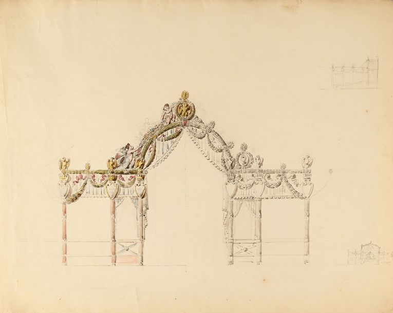Artwork by Pierre-François-Léonard Fontaine, Design for the imperial rostrum at the May Field Assembly on June 1, 1815, Made of Pen And Black And Brown Ink, Black, Gray And Brown Wash, Watercolor Over Black Stone Lines