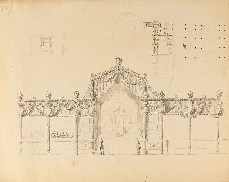 Artwork by Pierre-François-Léonard Fontaine, Design for the imperial rostrum at the May Field Assembly on June 1, 1815, Made of Pen And Black And Brown Ink, Black, Gray And Brown Wash, Watercolor Over Black Stone Lines