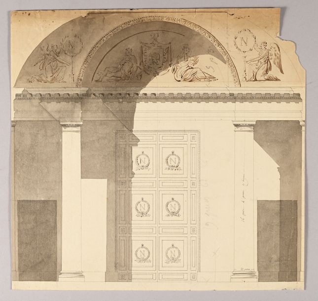 Artwork by Pierre-François-Léonard Fontaine, Project for a doorway with Napoleon's numeral surmounted by a pediment, Made of Pen And Black Ink, Gray And Brown Wash Over Black Stone Lines