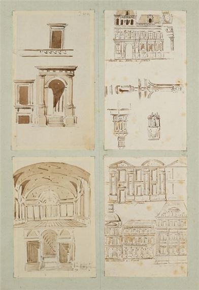 Sketches of the facades and architectural elements of the Louvre and the Hôtel de Ville