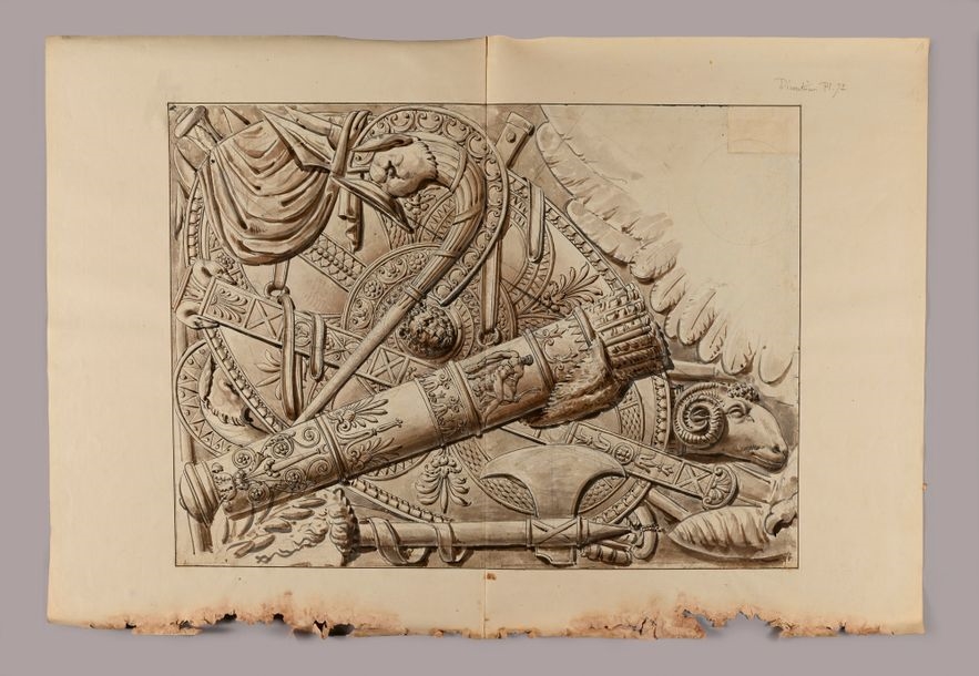 Artwork by Charles Percier, Two military trophies for the mantelpiece in the Caryatids room of the MusÃ©e NapolÃ©on, Made of Gray And Brown Washes Over Black Stone Lines