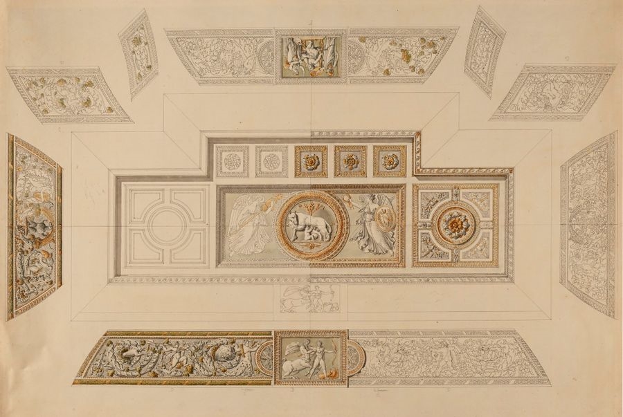 Artwork by Charles Percier, Design for a ceiling with the She-wolf motif and Napoleon's cipher, Made of Pen And Black Ink, Gray And Brown Wash, Watercolor