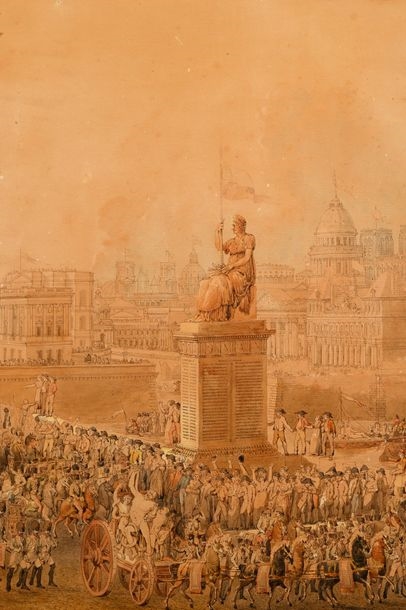 Artwork by Pierre-François-Léonard Fontaine, Monuments de Paris avec les œuvres d'art apportées de la conquête de l'Italie, Made of Pen And Black Ink, Brown And Gray Wash, Watercolor