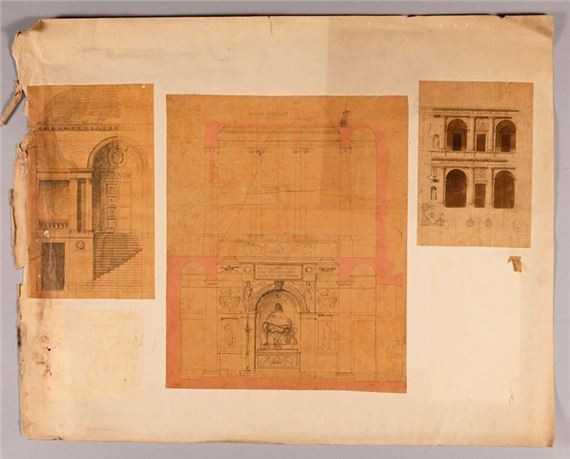Project for a three-arched room housing a statue of a reclining man in the antique style, decorated with Napoleon's cipher by Pierre-François-Léonard Fontaine