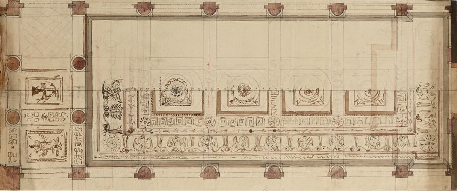 Artwork by Charles Percier, Projects for ceiling decorations, eagle and Greek friezes, including one for a chapel, Made of Pen And Gray Ink, Gray And Brown Washes, Watercolor Over Black Stone Lines