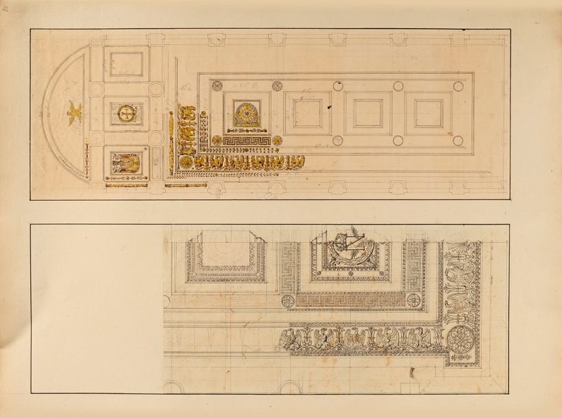 Artwork by Charles Percier, Projects for ceiling decorations, eagle and Greek friezes, including one for a chapel, Made of Pen And Gray Ink, Gray And Brown Washes, Watercolor Over Black Stone Lines
