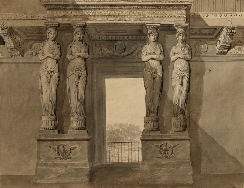 Artwork by Pierre-François-Léonard Fontaine, Door frame with caryatids, decorated with Napoleon's cipher, for the marshals' room, Made of Pen And Gray Ink, Gray Wash Over Black Stone Lines
