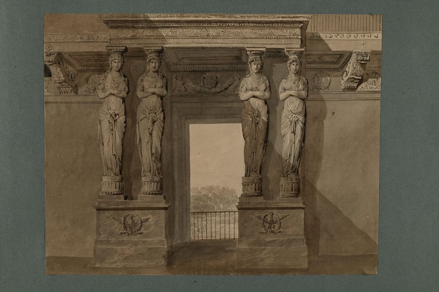 Artwork by Pierre-François-Léonard Fontaine, Door frame with caryatids, decorated with Napoleon's cipher, for the marshals' room, Made of Pen And Gray Ink, Gray Wash Over Black Stone Lines