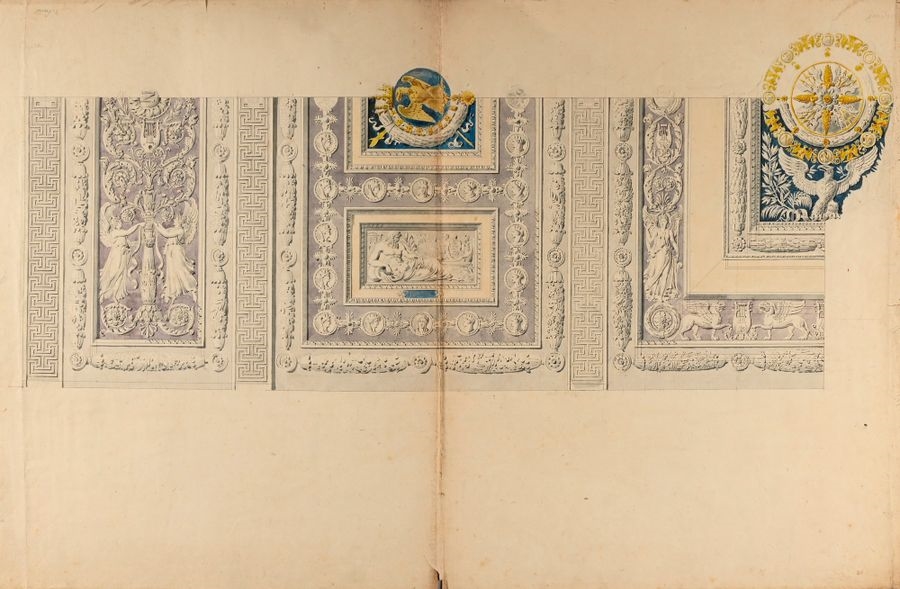 Artwork by Charles Percier, Design for the vaulted ceiling of the dining room at the Palais des Tuileries, Made of Pen And Black And Brown Ink, Gray And Brown Wash, Watercolor Over Black Stone Lines