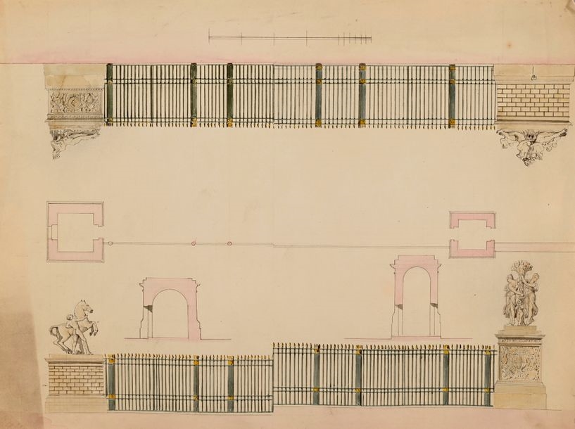 Artwork by Pierre-François-Léonard Fontaine, Project for the Tuileries garden gates, Made of Pen And Black Ink, Brown And Gray Wash, Watercolor