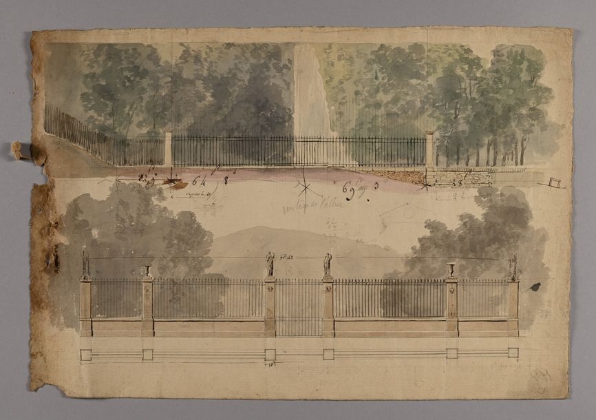 Artwork by Pierre-François-Léonard Fontaine, Project for the Tuileries garden gates, Made of Pen And Black Ink, Brown And Gray Wash, Watercolor