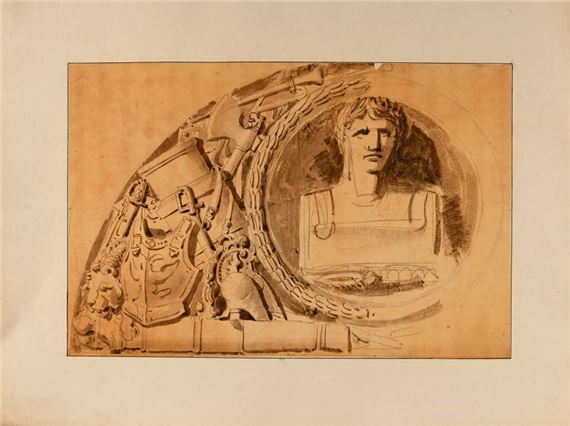 Decor with trophies of arms and bust of Napoleon in a laurel medallion