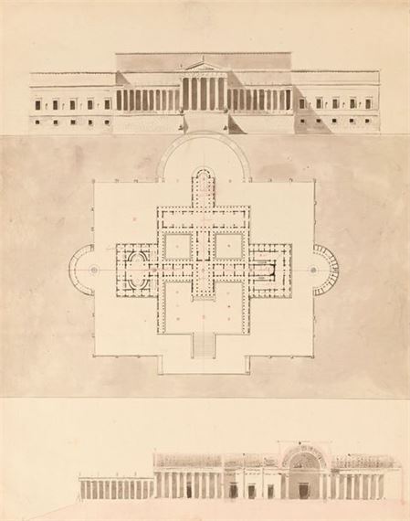 Plan of an octagonal building Facade and plan of a palace with chapel and throne room