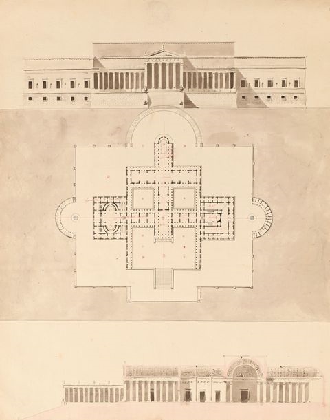 Artwork by Charles Percier, Plan of an octagonal building Facade and plan of a palace with chapel and throne room, Made of Pen And Gray Ink, Gray And Brown Wash And Watercolor