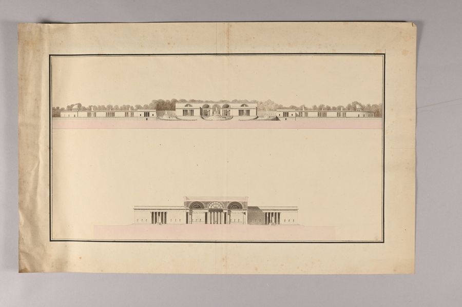 Artwork by Charles Percier, Plan of an octagonal building Facade and plan of a palace with chapel and throne room, Made of Pen And Gray Ink, Gray And Brown Wash And Watercolor