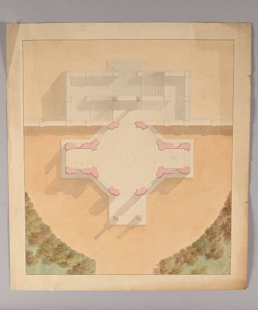 Artwork by Charles Percier, Plan of an octagonal building Facade and plan of a palace with chapel and throne room, Made of Pen And Gray Ink, Gray And Brown Wash And Watercolor