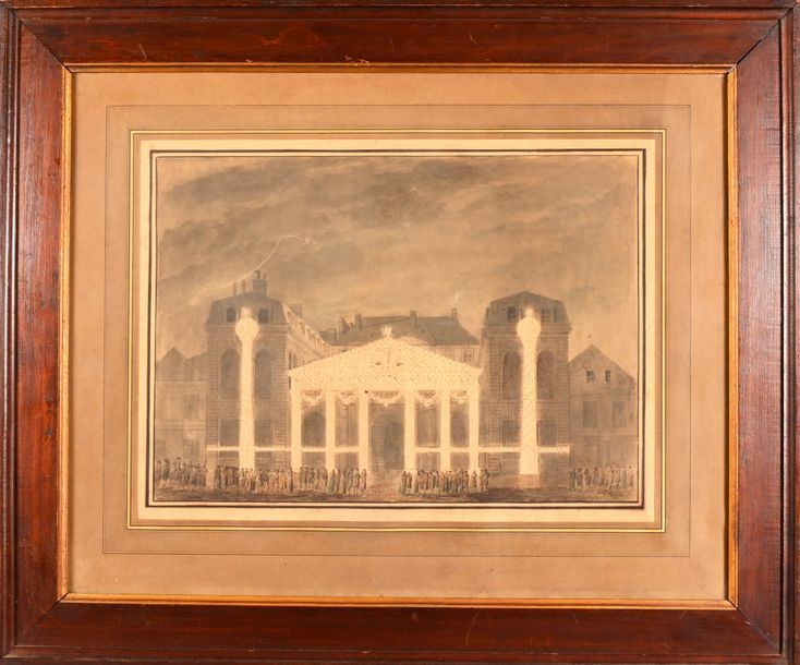 Artwork by Pierre-François-Léonard Fontaine, Illuminations for the faÃ§ade of the HÃ´tel du Consul on Place du Carrousel, Victory Day, Made of Pen And Gray Ink, Black, Gray And Brown Wash, Watercolor