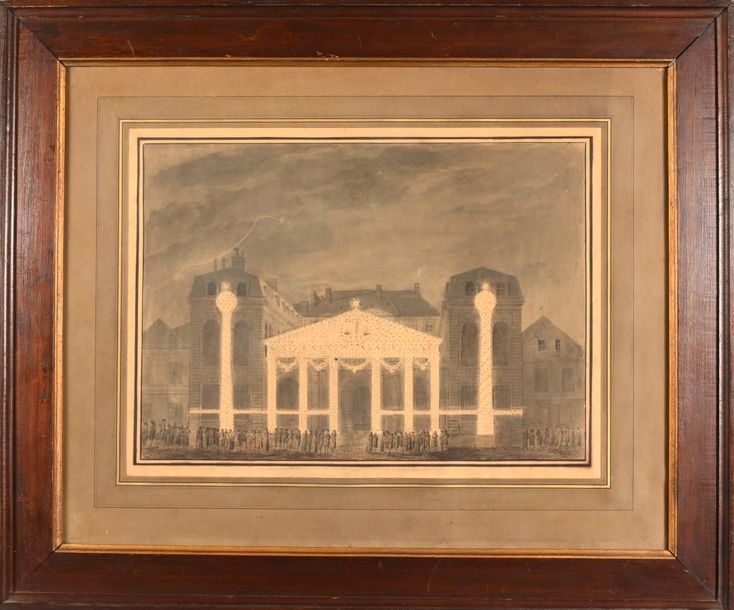 Artwork by Pierre-François-Léonard Fontaine, Illuminations for the faÃ§ade of the HÃ´tel du Consul on Place du Carrousel, Victory Day, Made of Pen And Gray Ink, Black, Gray And Brown Wash, Watercolor