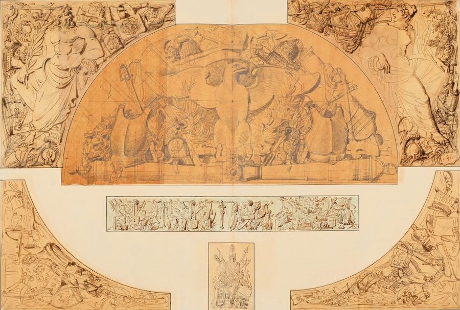 Artwork by Charles Percier, Set designs for the Arc du Carrousel, Made of Pierre Noire, Pen And Black, Gray And Brown Ink, Black, Gray And Brown Wash, Some On Tracing Paper