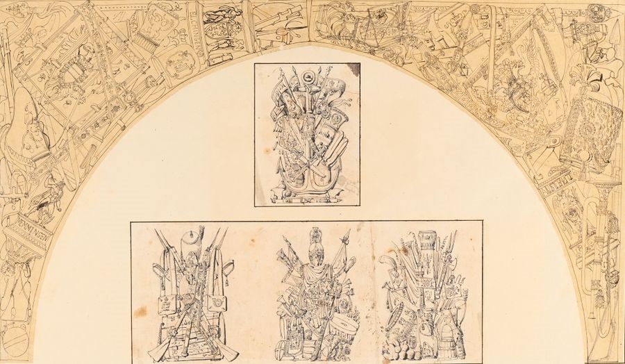 Artwork by Charles Percier, Set designs for the Arc du Carrousel, Made of Pierre Noire, Pen And Black, Gray And Brown Ink, Black, Gray And Brown Wash, Some On Tracing Paper