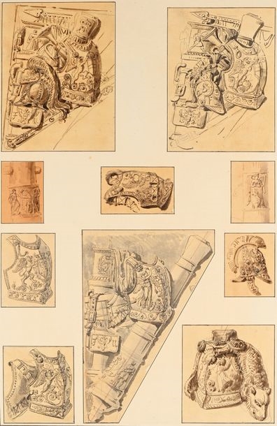 Artwork by Charles Percier, Set designs for the Arc du Carrousel, Made of Pierre Noire, Pen And Black, Gray And Brown Ink, Black, Gray And Brown Wash, Some On Tracing Paper