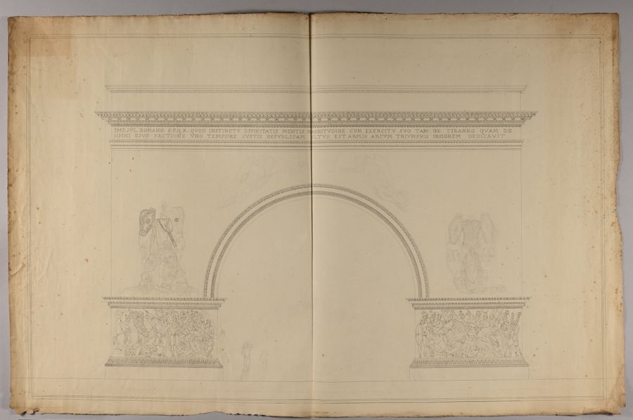 Artwork by Charles Percier, Two designs for the Arc de Triomphe de l'Étoile under the Empire, Made of Pen And Black Ink, Gray Wash Over Black Stone Lines