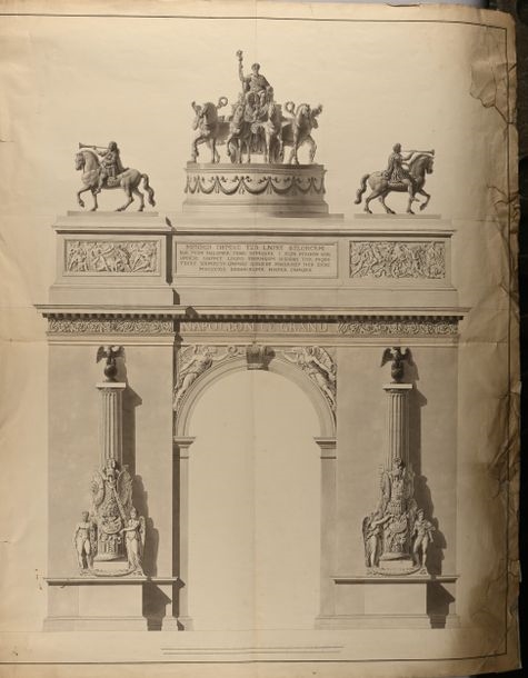 Artwork by Charles Percier, Two designs for the Arc de Triomphe de l'Étoile under the Empire, Made of Pen And Black Ink, Gray Wash Over Black Stone Lines