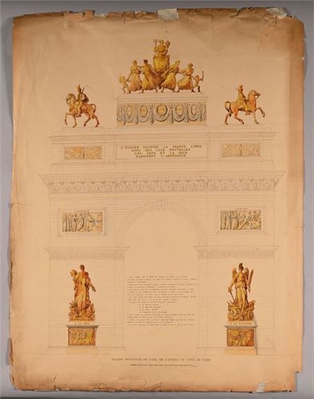 Five designs for the Arc de Triomphe de l'Étoile, crowned with Peace on a chariot driven by the Virtues