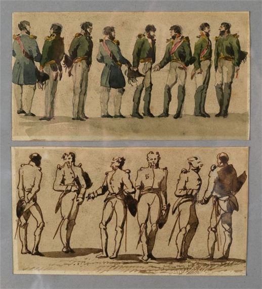 Military scenes, encampments, waterside village landscape, horse post, banquet scene, two friezes of Russian officers