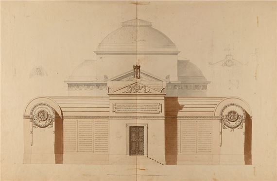 Exterior elevation of chapel with engraved names of martyrs Sections and plans of the three-lobed chapel on base, the cupola and the cemetery with entrance on rue d'Anjou Plans for interior decor Eleven drawings