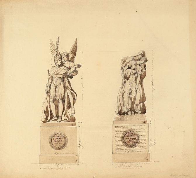 Artwork by Pierre-François-Léonard Fontaine, Project for two statues of Louis XVI and Marie-Antoinette for the Chapelle expiatoire: "Fils de Saint Louis Montez au ciel" and "Reine infortunée la religion vous soutient, Made of Pen And Black Ink, Brown And Gray Wash Over Black Stone Lines