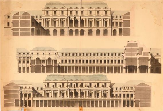Three sections of a three-level wing over a colonnade