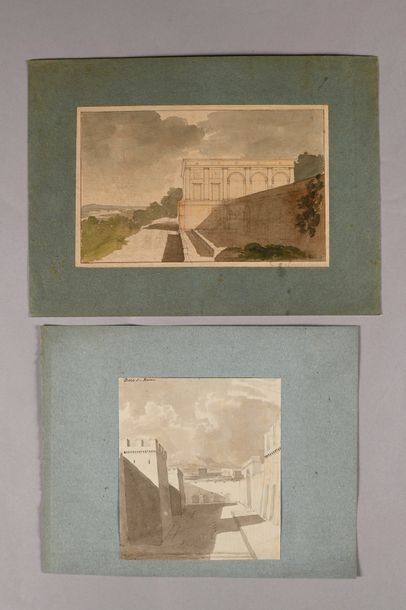 Artwork by Pierre-François-Léonard Fontaine, Bas-relief studies, capital decorations, view of the Villa Madama, a wall in Rome and a colonnaded terrace with statues and fountain, Made of Pen And Gray Ink, Gray And Brown Wash, Watercolor Over Black Stone Lines