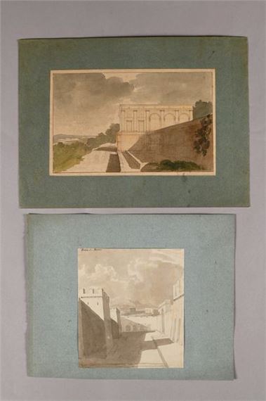 Bas-relief studies, capital decorations, view of the Villa Madama, a wall in Rome and a colonnaded terrace with statues and fountain