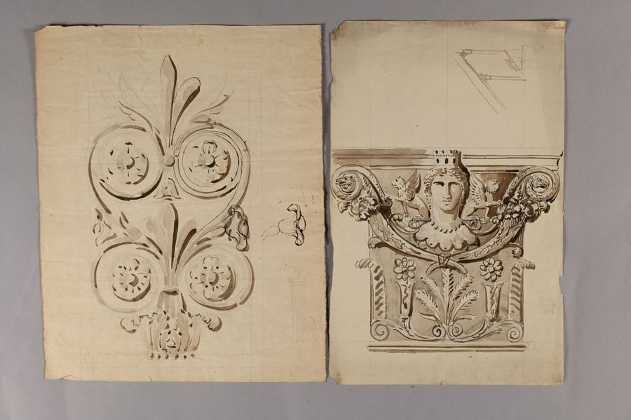 Artwork by Pierre-François-Léonard Fontaine, Bas-relief studies, capital decorations, view of the Villa Madama, a wall in Rome and a colonnaded terrace with statues and fountain, Made of Pen And Gray Ink, Gray And Brown Wash, Watercolor Over Black Stone Lines