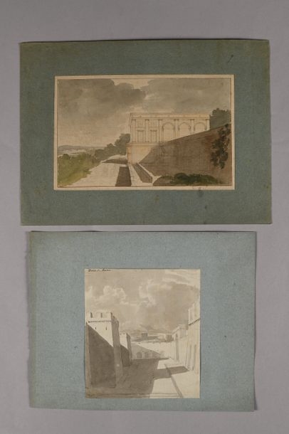 Artwork by Pierre-François-Léonard Fontaine, Bas-relief studies, capital decorations, view of the Villa Madama, a wall in Rome and a colonnaded terrace with statues and fountain, Made of Pen And Gray Ink, Gray And Brown Wash, Watercolor Over Black Stone Lines